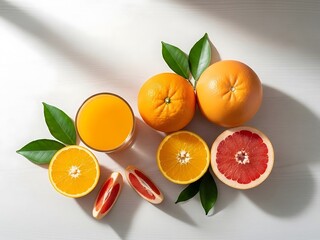 Overhead composition of fresh oranges, grapefruit and juice on wood surface