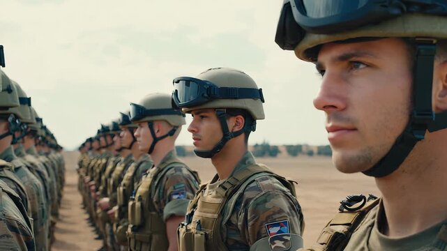 US Army Soldiers in Formation During Desert Training Exercise, Military Personnel, Armed Forces, Readiness, Tactical Operation.