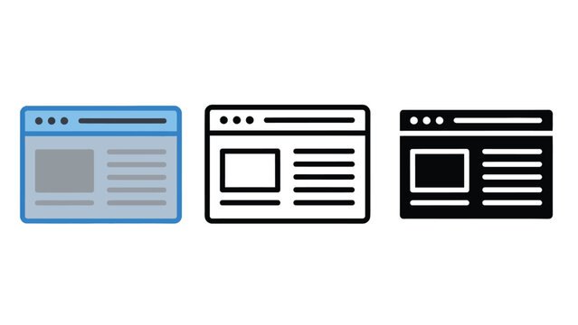 Three simple web browser window icons in different colors on a white background