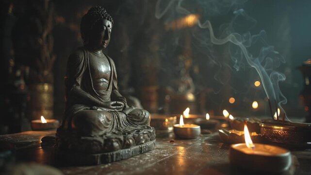 Serene Meditating Buddha Statue in a Dimly Lit Shrine with Candles and Incense Smoke for Spiritual and Meditation Themes