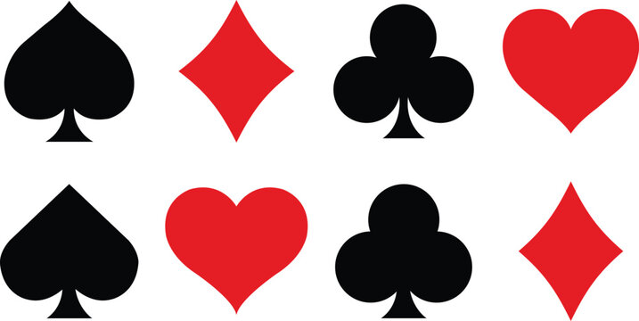 Heart, spade, club, and diamond. Modern geometric icons representing playing card suits. This is a vector set of card symbols.