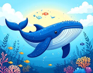 Fototapeta premium A colorful cartoon illustration of a large blue whale swimming underwater surrounded by fish and coral