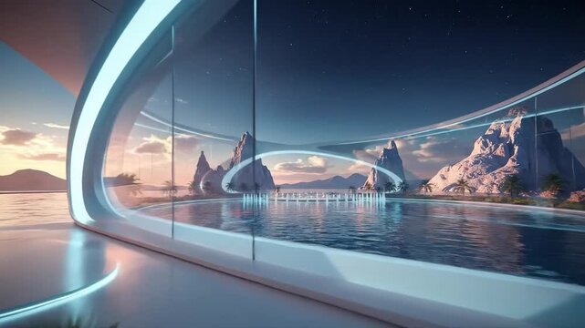Futuristic architecture with a circular fountain and scenic ocean view, creating a serene atmosphere.