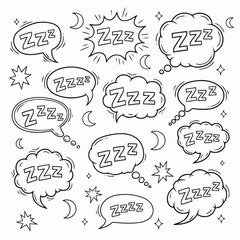 Black and White Illustration of Assorted Zzz Word Balloons