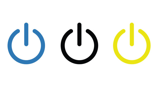 Three power button icons in different colors on a white background
