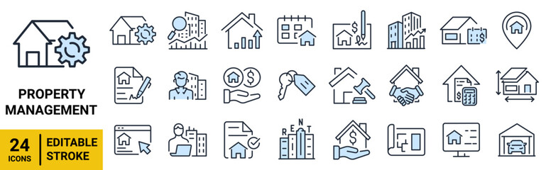 Property Management web line Icons blue color. Real Estate, Rental, Lease Agreement, Maintenance, Investment, and Housing Services