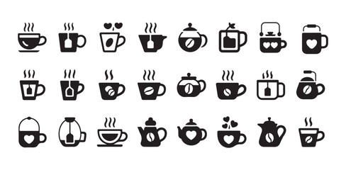 Coffee bean and tea bag icons including various pots and cups for professional catering and cafes