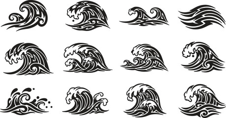 Stylized ocean wave with foam and splashes, dynamic sea motion, water power concept, coastal nature element, travel and adventure theme. © CreatAr8