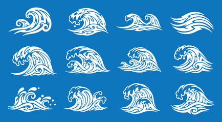 Stylized ocean wave with foam and splashes, dynamic sea motion, water power concept, coastal nature element, travel and adventure theme. © CreatAr8