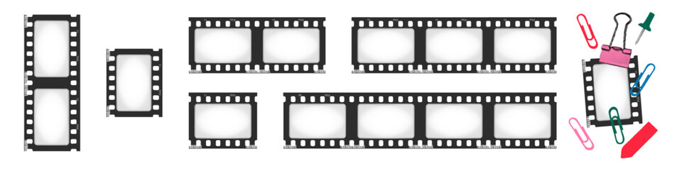 Film strip frames set with empty slots and vignette overlay, cinema reel templates collection, vintage design elements for collage and scrapbook Modern retro vector illustration transparent background