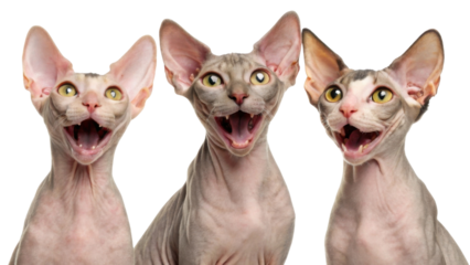 Funny portrait of three playful hairless Sphynx cat pets looking at camera with happy surprised expressions while meowing loud isolated on transparency background