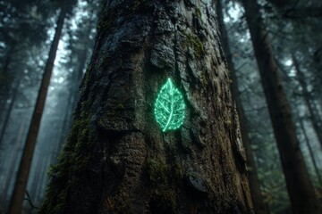 A glowing green leaf icon carved into the surface of a tree trunk in a dense forest, symbolizing sustainability and long-term growth