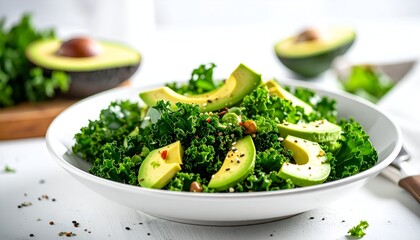 A vibrant salad bowl with sliced avocado on top of fresh kale leaves, ready to eat