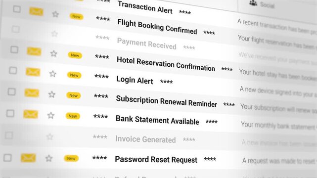 Flight Booking Confirmed, Hotel Reservation, Bank Statement, Invoice Generated Notifications, Transaction Records, Travel Details and Payment Confirmation. Email Scrolling List Closeup.Video Animation
