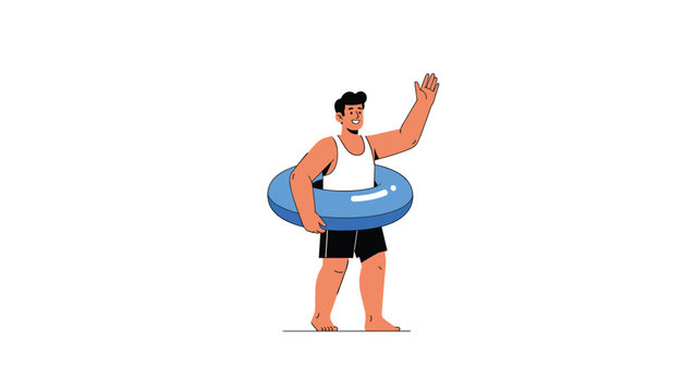 Happy man in a white tank top and black shorts waves while wearing a blue inflatable inner tube for a fun day at the pool.