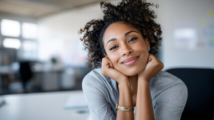 Portrait faceless beautiful manager sitting at desk, creative office young stylish female, curly hair celebrating achievement, big smile professional success, workplace happiness,
