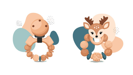 Fototapeta premium Pair of eco friendly wooden baby teethers including a bead rattle and a cute deer shaped toy on abstract backgrounds.
