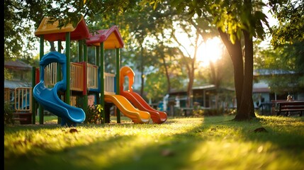 A playground with a blue slide and two yellow slides