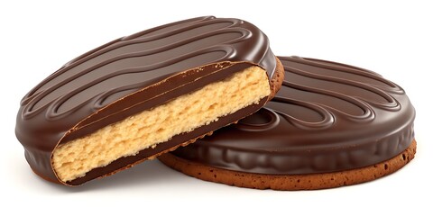 Single chocolate covered cookie shown in detailed 3D illustration isolated on clean white background