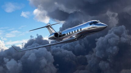 A luxury jet aircraft soaring through a dramatic cloudy sky with a blue horizon visible above the dense grey clouds