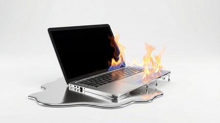 A laptop computer engulfed in flames on a metallic surface viewed from the side