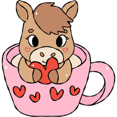 Fototapeta premium Cute horse hugging a red heart inside a cup, hand-drawn cartoon style for Valentine’s Day. Part of the Cute Valentine Horse Clipart collection.