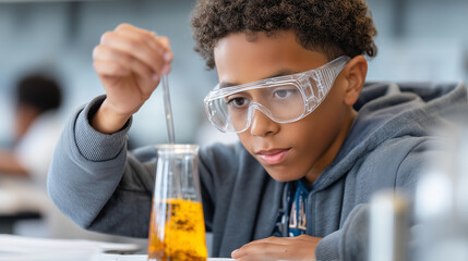 Faceless biracial boy engaged in science experiment at school, STEM education, laboratory learning, academic curiosity, scientific discovery, youth education, defocused background,