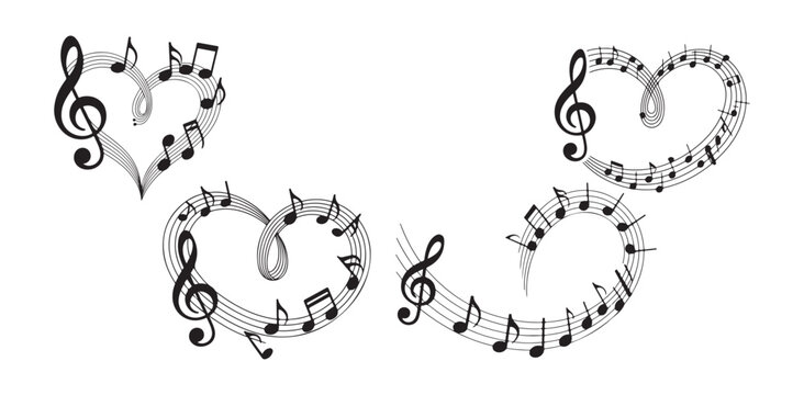 Collection of black and white heart shaped music notes with treble clef vector illustration