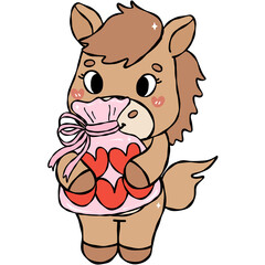 Cute horse holding a bag with a heart inside, hand-drawn cartoon style for Valentine&rsquo;s Day. Part of the Cute Valentine Horse Clipart collection.
