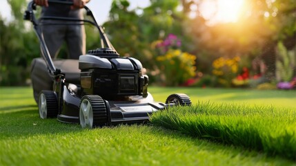A man is cutting the grass with a lawn mower
