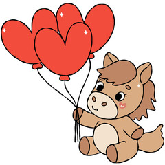 Cute horse holding a bunch of heart balloons, hand-drawn cartoon style for Valentine's Day. Part of the Cute Valentine Horse Clipart collection.