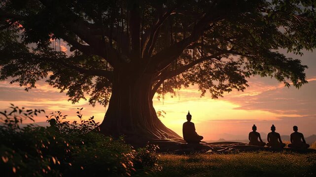 Serene Meditating Buddha Under a Large Tree at Sunset with Three Practitioners in Meditation Silhouettes