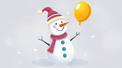 Fototapeta premium Happy snowman in festive hat and scarf holding yellow balloon