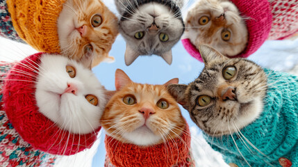  Viewed from a bottom to top angle, seven cute cats form a circle. All the cats are wearing cute and fashion cloths. The pupils of the cats are all