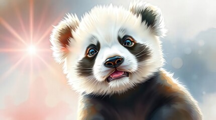 Obraz premium Adorable red panda cub with playful expression in sunlight