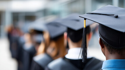 Obraz premium Proud faceless student and classmates during ceremony at university, graduation celebration, academic achievement, educational milestone, campus event, defocused background, with c