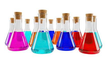 Assortment of Corked Erlenmeyer Flasks with Colorful Liquids