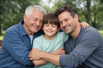 Three generations of happy family bonding together with eyes closed, smiling and hugging while seated outdoors in park on a peaceful sunny day. Ai generative