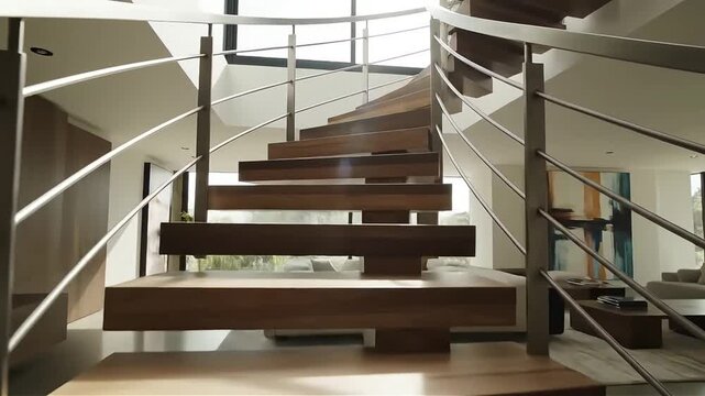 Modern curved staircase in a luxury home interior with natural light streaming through large windows showcasing contemporary architecture and elegant design elements