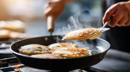 Close-up of blini being cooked on a cast-iron pan, a hand flipping the pancake with a spatula, authentic kitchen moment, soft steam, warm stovetop light, unstyled real-life kitchen