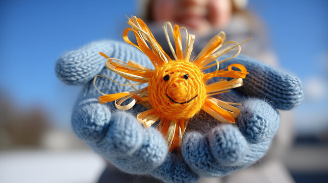Faceless shot: a childs gloved hands holding a small sun-shaped ornament made of straw and ribbons, symbol of spring coming, bright blue winter sky background, sharp focus on stra