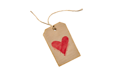 Kraft paper gift tag with red heart drawing and twine, isolated on transparent background