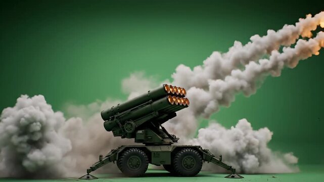 Mobile missile launcher system firing ets against a green screen background.