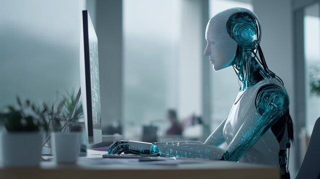 Ai android working at a desk, typing on keyboard and looking at monitor