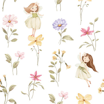 Watercolor seamless pattern with cute flying fairies, colorful flowers and green plants. Perfect floral isolated illustration for delicate textile, childish wallpapers or wrapping paper. 