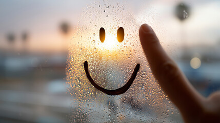 Close-up of a smiley face drawn with a finger on a foggy window, bright sunny landscape visible through the clear parts, finding joy everywhere, soft diffused light, sharp focus on