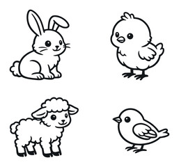 Cute cartoon animals: rabbit, chick, lamb, and bird on gray background