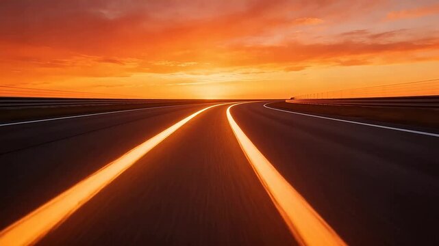 Straight highway road extending into sunset with warm orange light