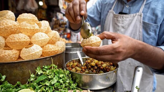 Street Vendor Preparing and Serving Pani Puri with Spicy Filling and Fresh Ingredients at an Indian Market
