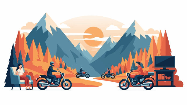 Motorcycle riders explore a scenic mountain valley at sunset